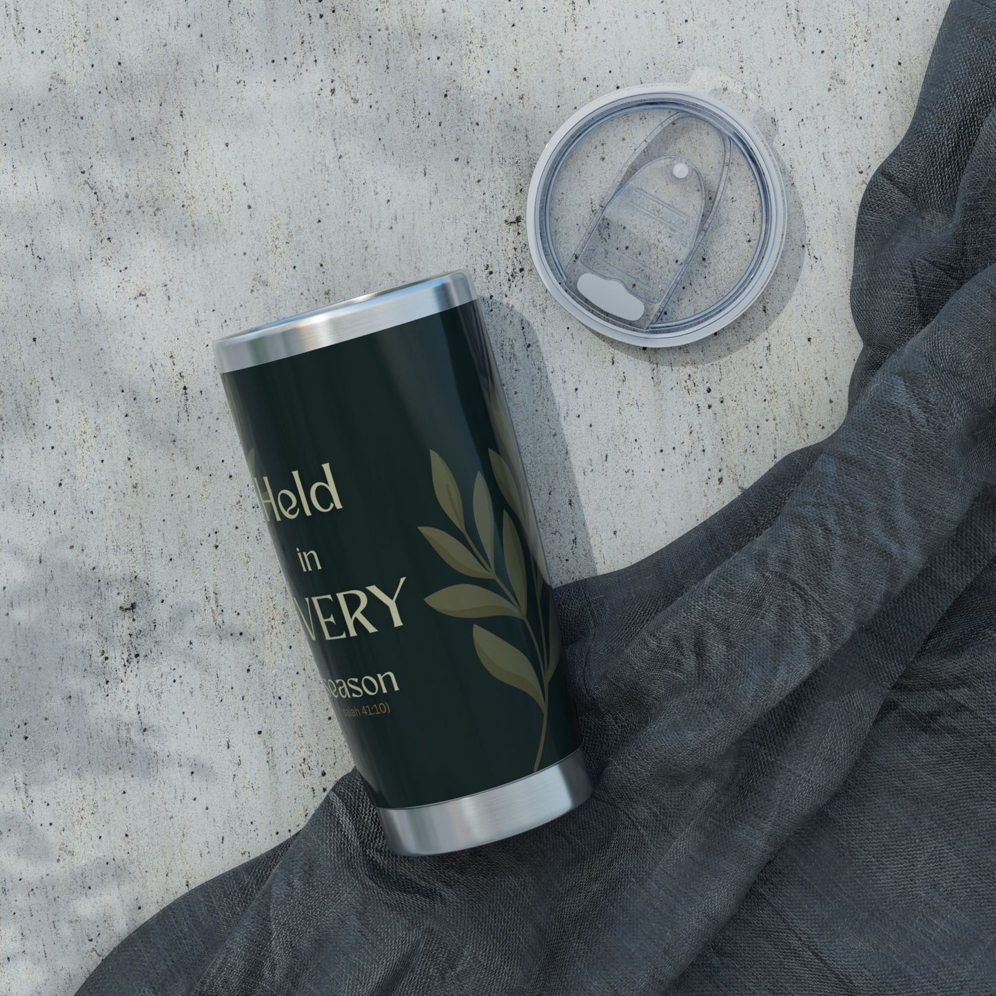 Held in Every Season | Isaiah 41:10 Faith Tumbler Dark Olive