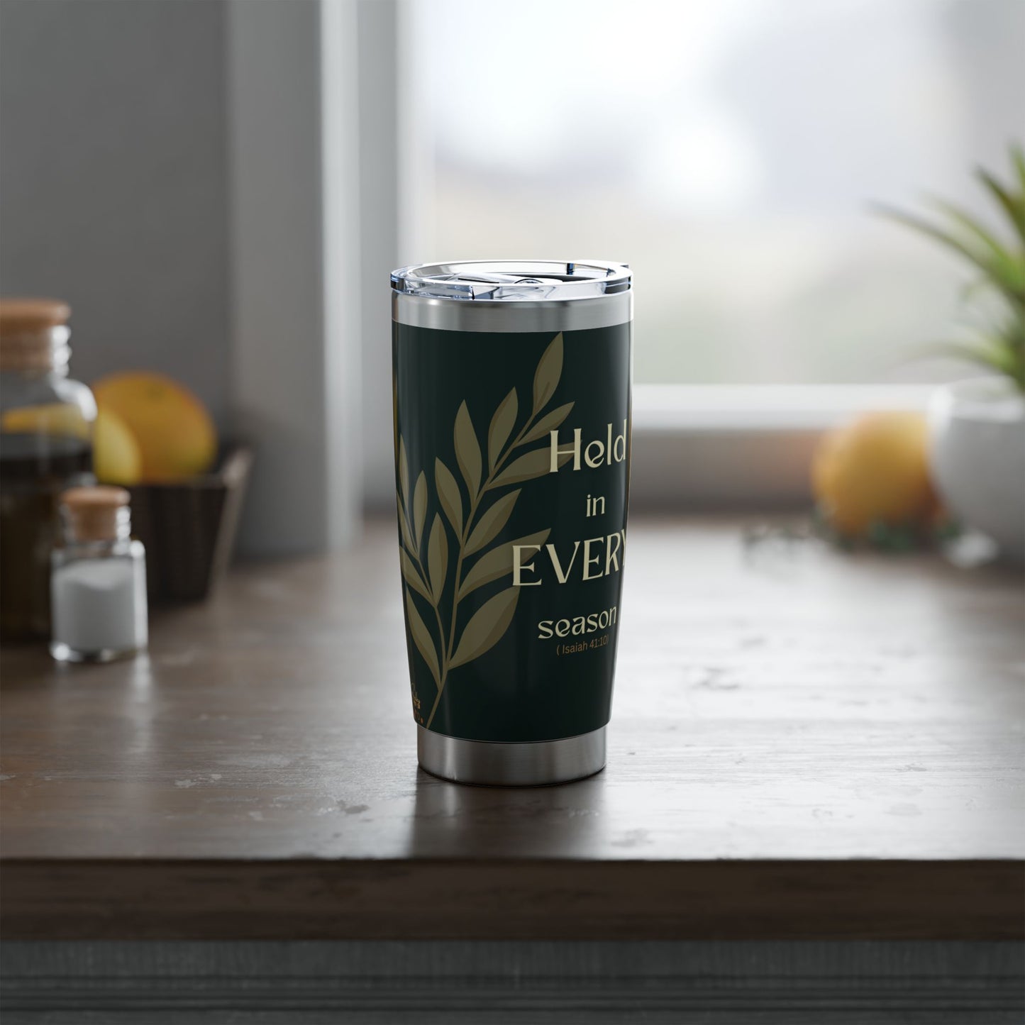 Held in Every Season | Isaiah 41:10 Faith Tumbler Dark Olive